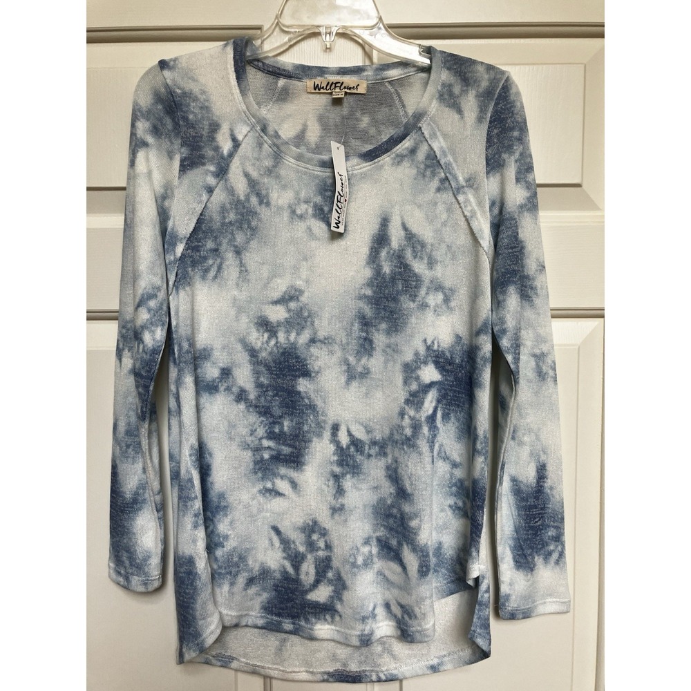 WallFlower Womens Tie Dye Raglan Long Sleeve Top Blue White Crew Neck Size M NEW